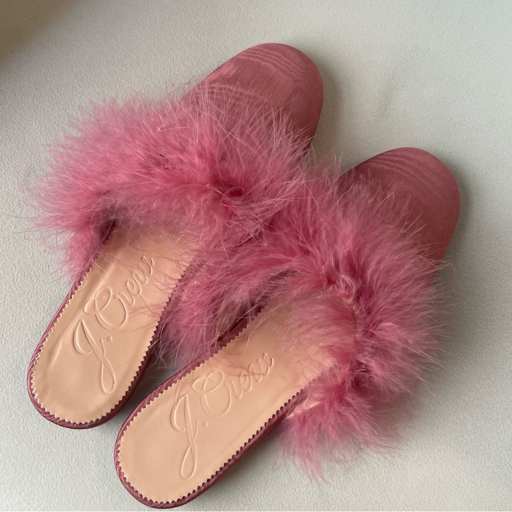 JCrew Feather Trimmed Pink Silk Mules